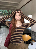 Slim Y2K Striped T Shirt Women Streetwear American Long Sleeve Retro Tees Fall Sexy U Neck Female Harajuku Vintage Tops New