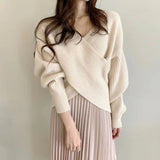 Pbong  New Autumn And Winter Fashion Solid Color Retro Cross V-neck Sweater Temperament Short Irregular Women's Knitted Top