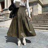 Pbong   Faux Leahter PU Skirt Elastic Waist A-Line Black Skirts Casual Elegant Long Skirt Green Dress Female New Soft Vintage Skirt
