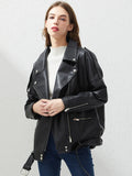 PU Faux Leather Jacket Women Loose Sashes Casual Biker Jackets Outwear Female Tops BF Style Black Leather Jacket Coat