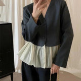 Pbong  Y2k Women Clothing V Neck Korean Coat Long Sleeve Elegant Patchwork Tops Ruffles Chic Temperament Loose Jackets