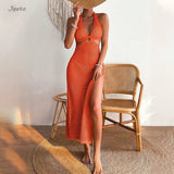 Bikini Swimming Cover-ups Women Slit Hollow Out Backless Lace-up Sexy Summer Long Dress V-neck Sleeveless Vacation Vestidos