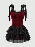 Pbong  Gothic Vintage Palace Style Contrast Color Lace Trim Cross Pendant Velvet Spaghetti Strap Corset Midi Dress For Women