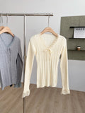 Long Sleeves Knit Top with Lace Trim Bow Front Solid Cute Bodycon Fitted T-Shirt Teen-girl Y2K Fairycore Clothes Spring Autumn