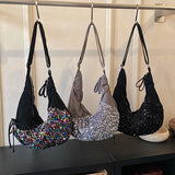 Women's Silver Sequin Crossbody Bag Drawstring Design Shiny Party Evening Casual Shoulder Bag Fashion Sparkly Handbag