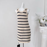 Pbong   Crochet Bow-knitted Striped Mini Dress Sleeveless Summer Hollow Out Short Dress Women New Casual Dresses Tank Sundress