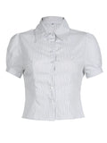 White Stripe Puff Short Sleeve Button Shirts For Women Basic Simple Casual Seumme Preppy Tops Y2K Korean Clothes