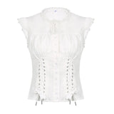y2k White Crop Top Button Ruffle Trim Tie up Short Sleeve T Shirt Women Fairycore Balletcore Chic Tee Summer Korean 90s Clothes