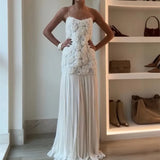 Fashion Sweet 3D Flower Patchwork Long Dress Chiffon Solid Color Pleated Party Dress 2025 New Summer Vacation Woman Clothing