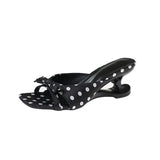 Pbong  French Polka Dot Bow Kitten Heel Mules for Women Summer Open Toe Slide Sandals Elegant Party Dress Slippers