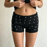 Pbong  Women's Casual Eyelets Flip Back Knitted Shorts Y2K Aesthetics Slimming Metal Diamond Decorate Mini Bottom Summer Versatile Wear