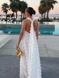 Women Sexy Backless Deep V-neck Halter Dress Fashion 3d Flower Patchwork Loose Robes New Female Vocation Party Dresses