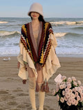 Pbong  Vintage Bohemian Chic Cloaks Capes Boho Ruffles Women Spring Autumn Knitted Ethnic Capes Tassels Cloak Poncho Outwear