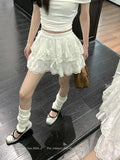 Coquette White Lace Short Skirt Ruffle Women Sweet Bow Kawaii Mini Skirts Patchwork Layered A-line Aesthetics Skirt