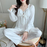 Pbong  Autumn New V-Neck Pajamas Set Black Women 2PCS Shirt&Trouser Lingerie Long Sleeve Pijamas Suit Rayon Sleepwear Home Wear Clothes