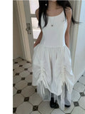 Chic Design Sensation Drawstring Mesh Lined Strap Dress Women's Fashionable Mid-Length Skirt Korean Style A-Line Dress
