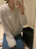 Vintage Temperament Bead Sweater Women Autumn Winter Tops O Neck Knitting Cropped Cardigan Korean Fashion Suéteres