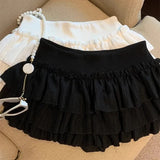 Pbong  Sweet Puffy Cake Women Skirts Korean Fashion Ruched Ruffle Mini Skirt Campus Harajuku Casual Versatile Elastic Waist Solid Skirt