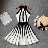 Pbong  Fashion Sexy Backless Halter Knitted Dress Women Elegant White and Black Patchwork Slim Waist Pleated Party Dress