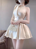 Pbong  Y2k Aesthetics Sweet Dresses Halter Bow Patchwork Pleated Slim Waist Dress Summer Vestidos De Mujer Streetwear Women Clothing