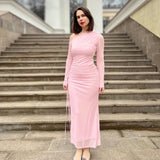 Autumn Long Sleeve Dress Women Pink Mesh Maxi Dress 2024 New Arrivals High Slit Bodycon Party Dresses Women
