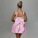 Jacquard Waist Wrap A-line Dress Women Mini 2024 Spring Summer Dress Elegant Bow Backless Sexy Party Dresses
