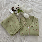 Cotton Comfort Sleepwear Casual Women Pajamas Spring Summer Cherry Print Cute Lapel Button Shirts And Pant Two Piece Sets 2024