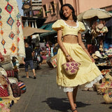 French Lace Patchwork Square Collar Top And Long Skirt Women Set Yellow Plaid Puff Sleeve T-shirt + Skirts Sweet Summer Outfits