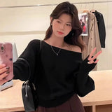 Pbong  Gentle One-Shoulder Lantern Sleeve Knitted Sweater Loose Fit Autumn Winter Fashion Single Wear Inner Match Versatile Shoulder