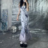 Gothic Strap Butterfly Printed Long Dress