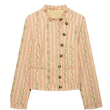 Pbong  Jacquard Stripe Floral Jacket Ruffle Collar Button Front Autumn Women Vintage Sweet  Fashion Outfit Date Trendy Outerwear
