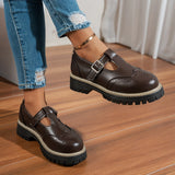Pbong  Black T-Strap Flat Shoes for Women, Round Toe Brogue Detail with Metal Buckle, Casual Chunky Soled Shoes