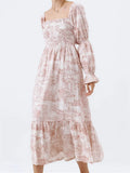 Pbong  Woman Vintage Floral Dress Puff Long Sleeve Off Shoulder Ruffle Long Dress Spring Fall Casual Vintage Bohemian Dresses