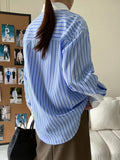Blue Striped Shirts For Women Lapel Single Breasted Color Block Shirt Office Lady Loose Chic Top Spring New