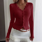 Pbong  New Autumn Solid Color Women‘s Tops Fashion Deep V Neck Lace Splicing Long Sleeve Cardigan Slimming Versatile Ladie T-Shirt