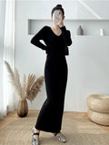 Elegant Solid Women Knitted Dress Simple Korean Slim Long Sleeve Ankle Length Dress Casual V Neck Office Ladies Chic Dress