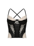Contrast Lace Patchwork Black Goth Y2K Camisole Women Front Ruched Back Cross Slim Cute Mesh Crop Top