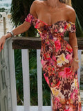 Spaghetti Strap Floral Print Sexy Maxi Dress Women Gown Fashion Off-shoulder Strapless Sleeveless Printed Long Dress