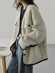 Fashion Women's Wool Coat Single Breasted Vintage Jacket V-Neck Office Lady Overcoat Female Tops Spring Autumn