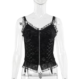Black Rose Print Lace-up Camis Tops Vintage Sexy Elegant Backless Zipper Lace Trim Sleeveless Tank Tops Women Fashion