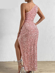 Pink Sequin Summer Dress For Women One Shoulder Ruched Slim Maxi Long Dresses Female Backless Sexy Party Vestidos
