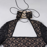 Pbong  Elegant Fashion Sexy Lace A-Line Dress See Through Dark Bandage Backless Square Collar Long Sleeve Mini Dresses For Women