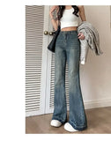 Hong Kong Style Fringe Loose-fit Bootcut Jeans Women's High-waisted Vintage Slimming American Style Bell-bottom Pants
