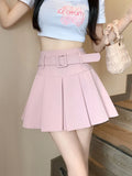 Pbong  Japan Sweet Belt White Pleated Skirt Women Sexy High Waist Mini Skirt Summer Preppy Style Female Casual A Line Pink Skirt