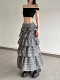Vintage Plaid Skirt Women Preppy Style Sweet Ruffle Cake Long Skirt Harajuku Fashion Patchwork Layered Skirts Street