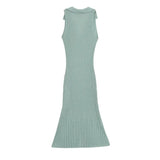 Fashionslim fit V-neck sleeveless long dress turn down collar tight green knitting summer dress simple casual female clothing