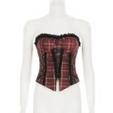 Coquette Plaid Print Tube Top Backless Bandeau Vest with Lace Trim Zipper Closure Women Streetwear Aesthetic Teen Girl Clothes