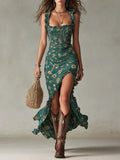 Pbong  Sexy Spaghetti Strap Long Dresses For Women Summer Fashion Sleeveless Square Collar Floral Print Party Dress Elegant