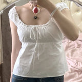 Women Fairy Grunge Babydoll Tops Y2k Lace Trim Short Sleeve T-shirt Korean Aesthetic Cute Square Neck Crop Top Milkmaid Blouses