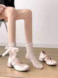 Pbong  Chunky Heel Silver French Women Mary Jane Shoes Spring New Bow Knot Cross Strap Ballet Flats